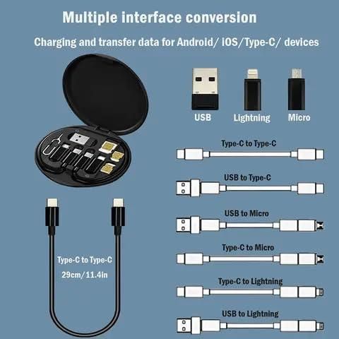 60W Fast Charging Travel Cable Set – Multi-Port Type-C, Micro USB & Lightning Kit with Storage Box