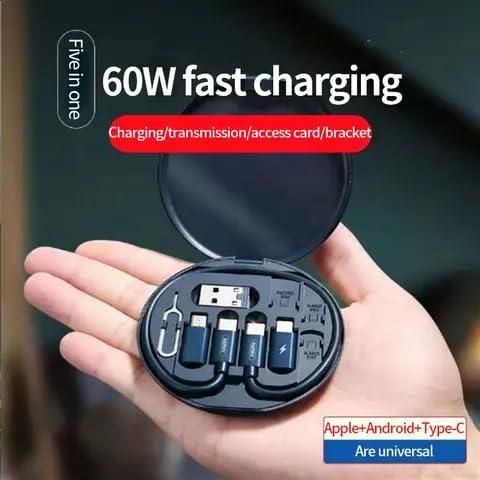 60W Fast Charging Travel Cable Set – Multi-Port Type-C, Micro USB & Lightning Kit with Storage Box