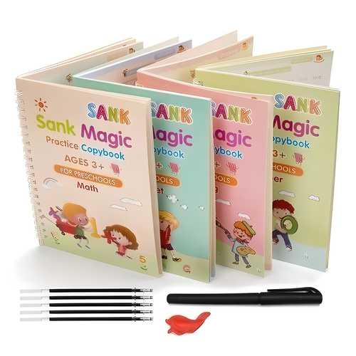 Magic Practice Copybook Set – 4 Reusable Books + Pen, Grip & 10 Refills | Sank Writing Practice Kit